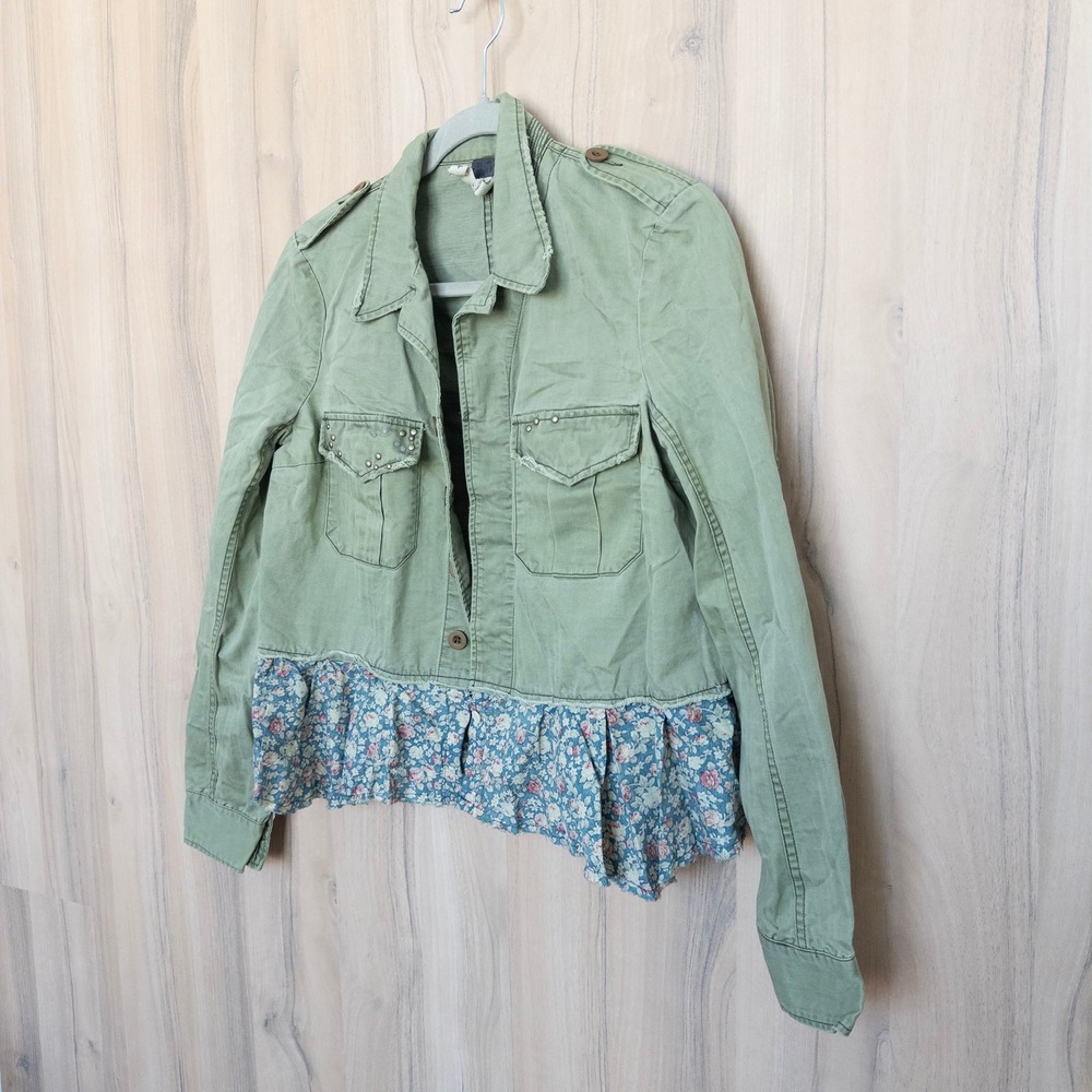 We The Free Military Jacket Small Green Floral‎ Ruffle Studded Utility Boho - Picture 4 of 8